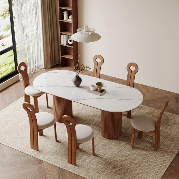 71" Oval Dining Table for 6, White Sintered Stone Dining Tabletop with Wooden Dual-Pedestal, Mid-Century Modern Dining Room Table for Kitchen (Table Only)
