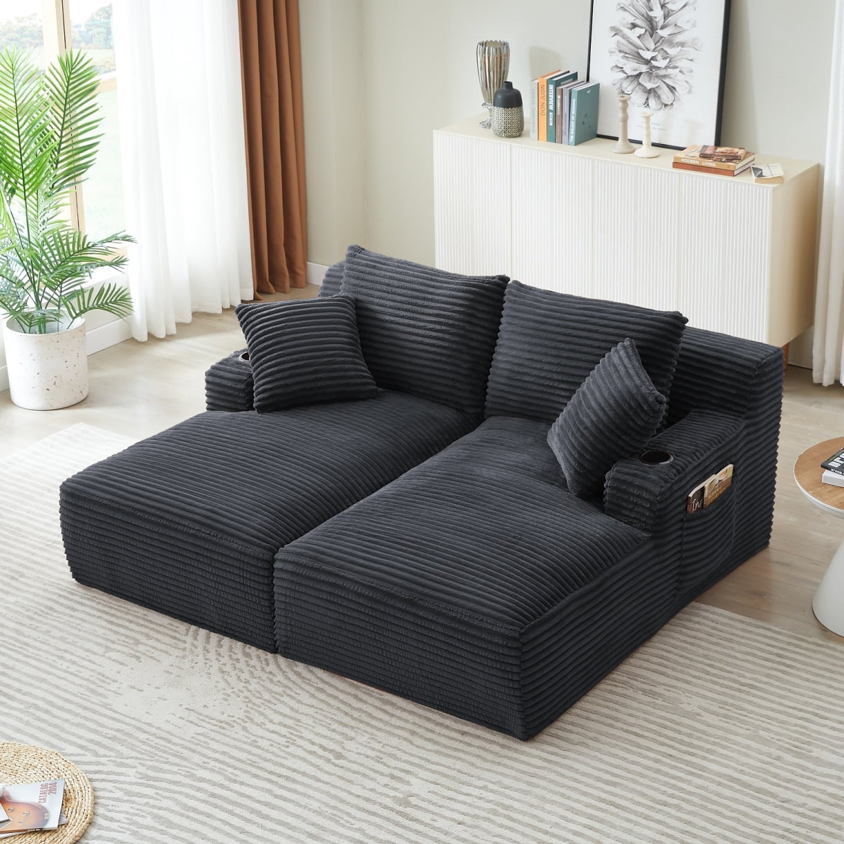 71" Oversized Double Chaise Lounges Indoor, Upholstered Corduroy Sofa Bed with Dual Cup Holders, Sectional Sleeper Loveseat for Living Room, Dark Grey
