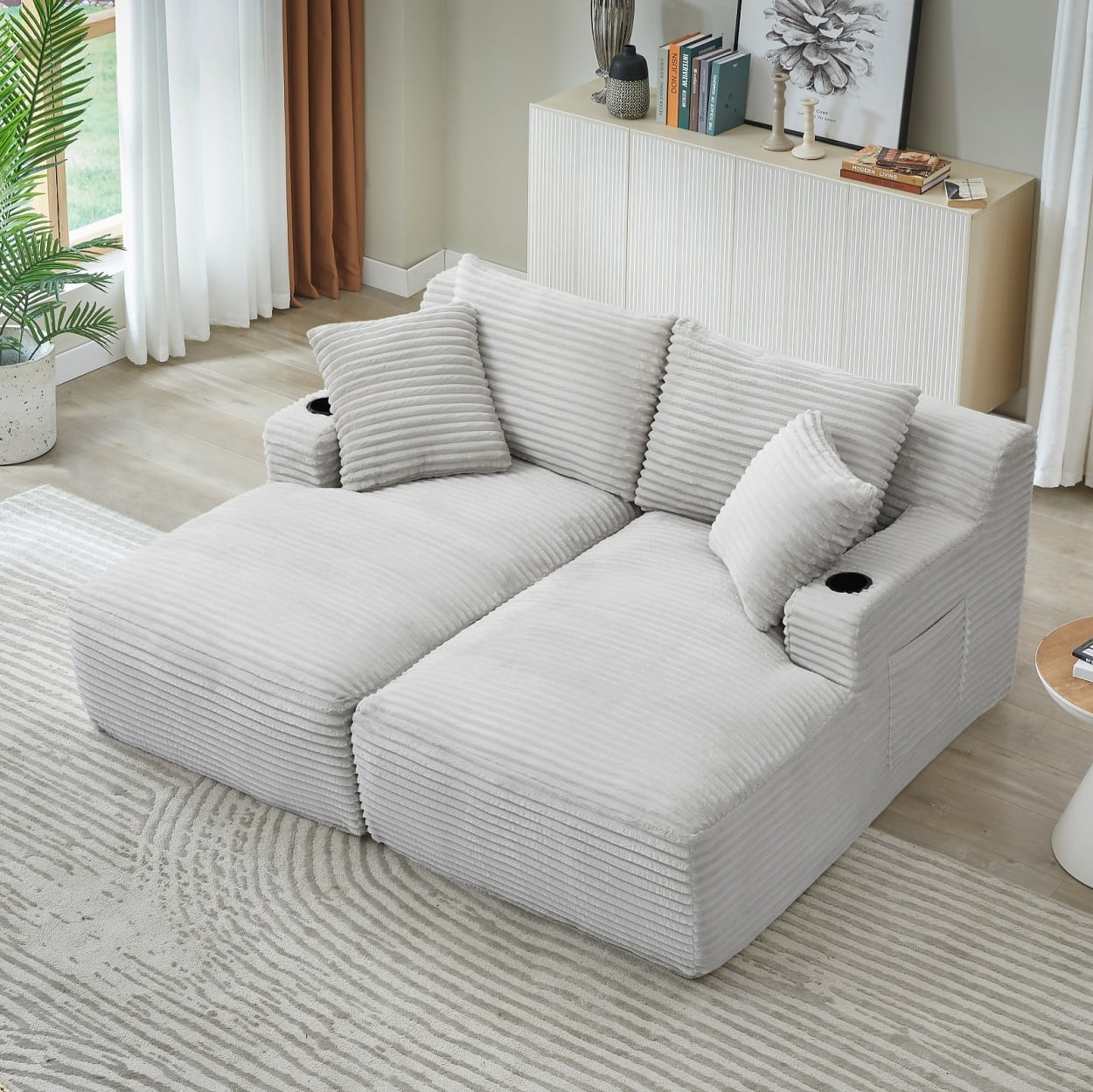 71" Oversized Double Chaise Lounges Indoor, Upholstered Corduroy Sofa Bed with Dual Cup Holders, Sectional Sleeper Loveseat for Living Room, Light Grey