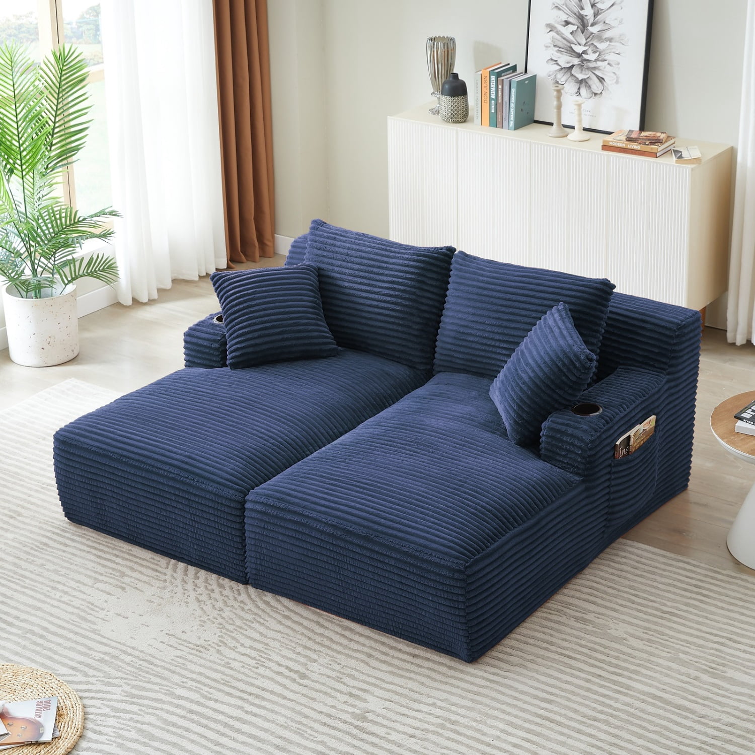 71" Oversized Double Chaise Lounges Indoor, Upholstered Corduroy Sofa Bed with Dual Cup Holders, Sectional Sleeper Loveseat for Living Room, Blue