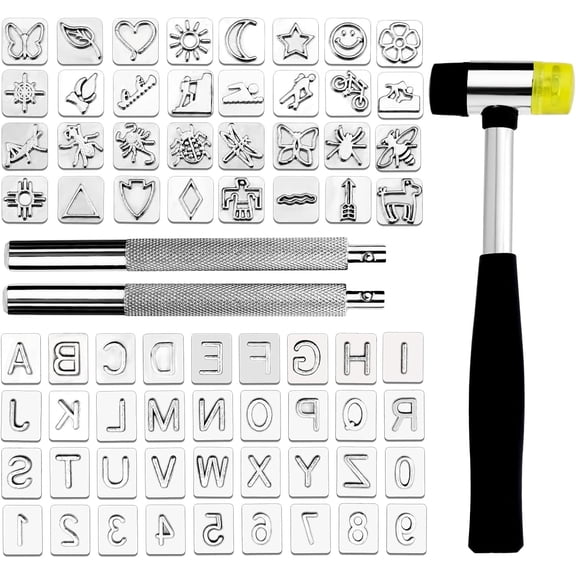 71 PCS Leather Stamping Tools, Leather Stamping Kit with 68 pcs Letters, Numbers and Patterns, 2 Pcs Leather Punch Tools, Leather Stamp Set Leather Carving Tools Leather Stamps for Leather Working