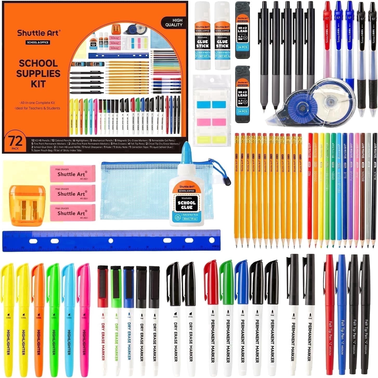 Shuttle Art 71 Pack School Supplies Kit, Back to School Supplies for Teachers, Middle High Schools, College School Supply with Highlighters, Pencils, Gel Pens, Dry Erase Markers, Felt Tip Pens, Glue