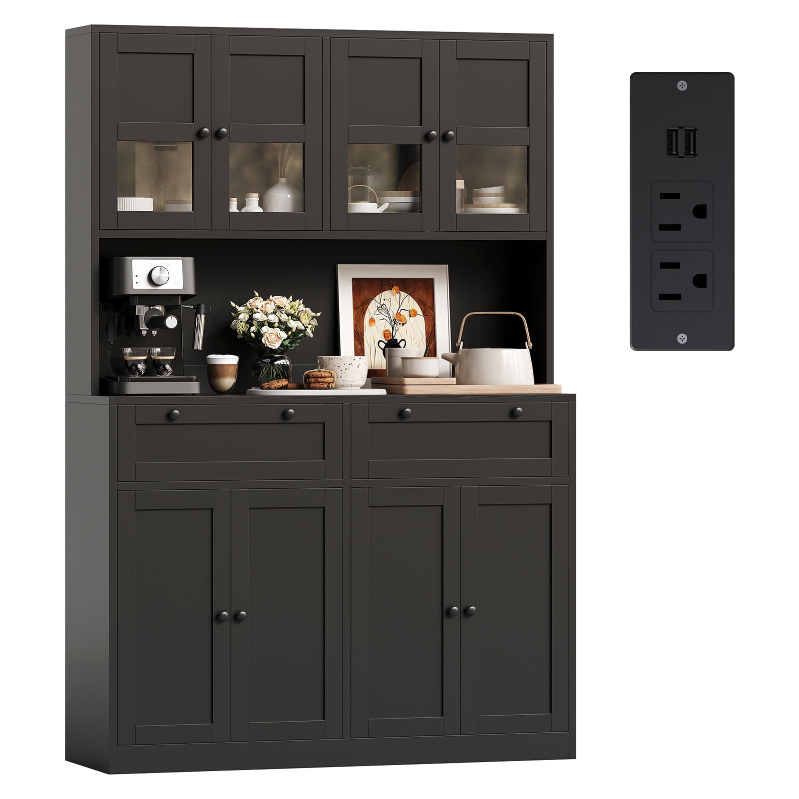 71" Pantry Cabinet with Charging Station, Tall Kitchen Pantry Storage Cabinet with Microwave Stand,Farmhouse Kitchen Hutch with Storage Drawers for Living Room, Dining Room
