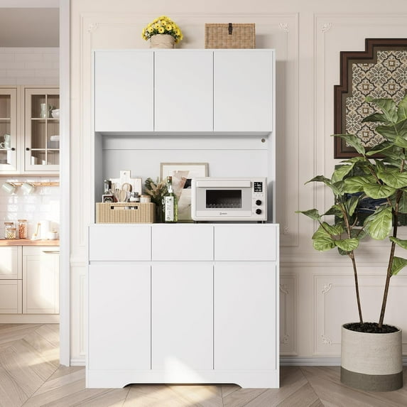 71" Pantry Cabinet with Power Outlets and Led Lights,Freestanding Kitchen Pantry Storage Cabinet with Microwave Stand,Tall Kitchen Hutch with Storage Drawers,Dining Room,White