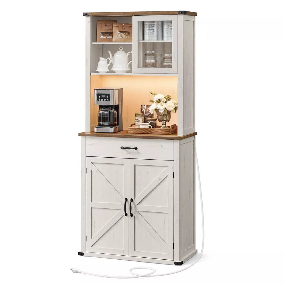71" Pantry Cabinet with Lights and Charging Station, Kitchen Pantry Cabinet,Farmhouse Storage Cabinet