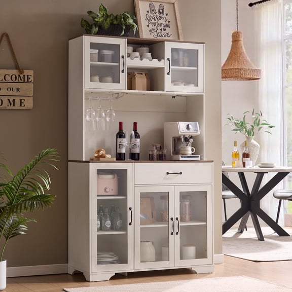 71" Pantry Cabinet with Wine Rack, Coffee Bar Cabinet with Charging Station, LED Lights, Drawer, Adjustable Shelves & Microwave Stand, White
