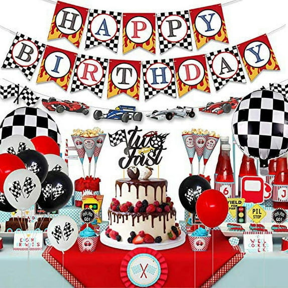 71 Pcs Two Fast Birthday Decorations, Racing Car Theme Party Supplies Set - Monster Truck Cake Topper Cupcake Toppers, Happy Birthday Banner and Checkered Balloons