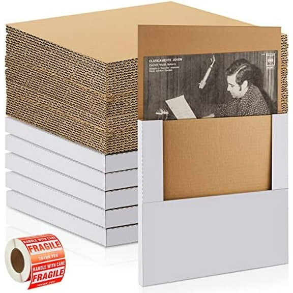 71 Pcs Vinyl Record Mailers LP Shipping Boxes Set Include 20 Pcs 12.5" x 12.5" x 1" Cardboard Shipping Boxes 50 Kraft Brown LP Record Pads 1 Roll Fragile Stickers for Small Business Shipping Records