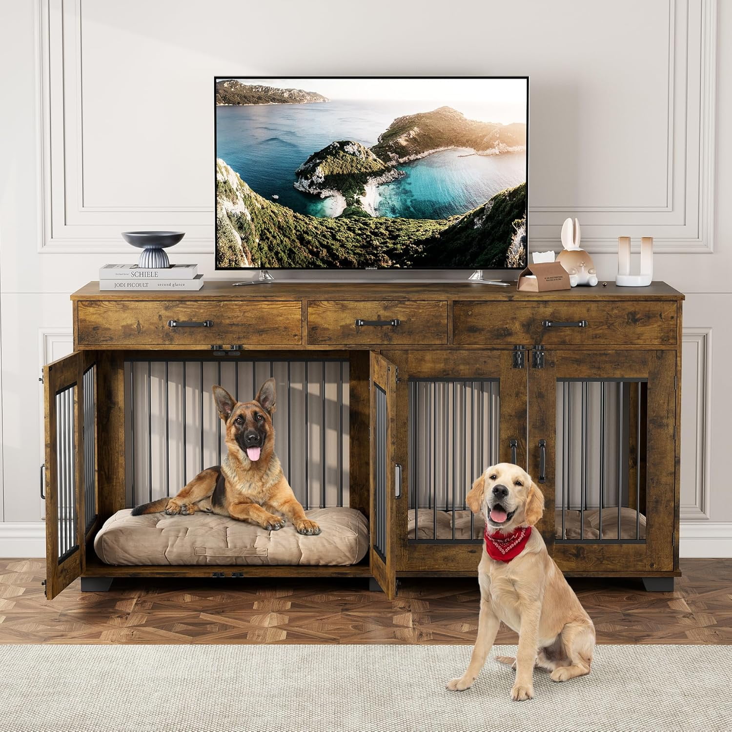 Image showcasing 71''Pet Dog Crate Furniture for 2 Dogs, Wooden Double Dog Crate with 3 ...