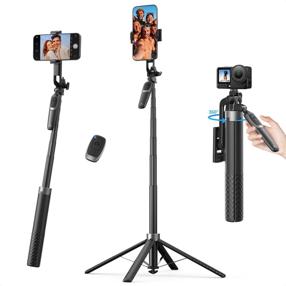 71" Phone Tripod, Auto Open with 4 Legs & Stabilizing Handle, 360 Rotation Cell Tripod Stand Remote Control, Compatible iPhone Osmo Pocket 4/3 Android Phones