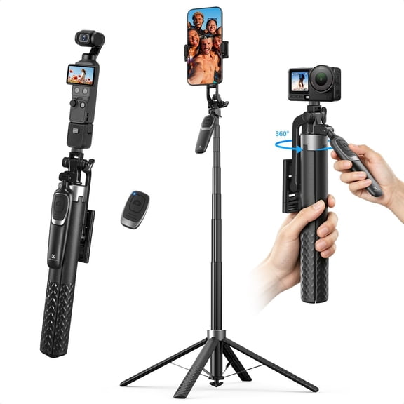 71" Phone Tripod, Auto Open Selfie Stick with 4 Legs & Stabilizing Handle, 360 Rotation Cell Tripod Stand Remote Control, Compatible iPhone Osmo Pocket 4/3 Android Phones