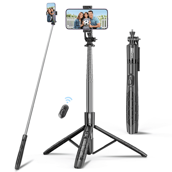 SelfieShow 71” Phone Tripod & Selfie Stick, Portable All in One Extendable Cell Phone Tripod Stand with Wireless Remote, 360° Rotation Compatible with iPhone Android, Camera