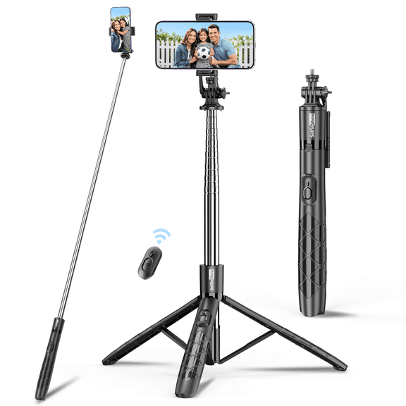 SelfieShow 71" Extendable Phone Tripod & Selfie Stick with Wireless Remote, 360° Rotatable Cell Phone Holder for Video Recording, Compatible with iphone & Android (Black)