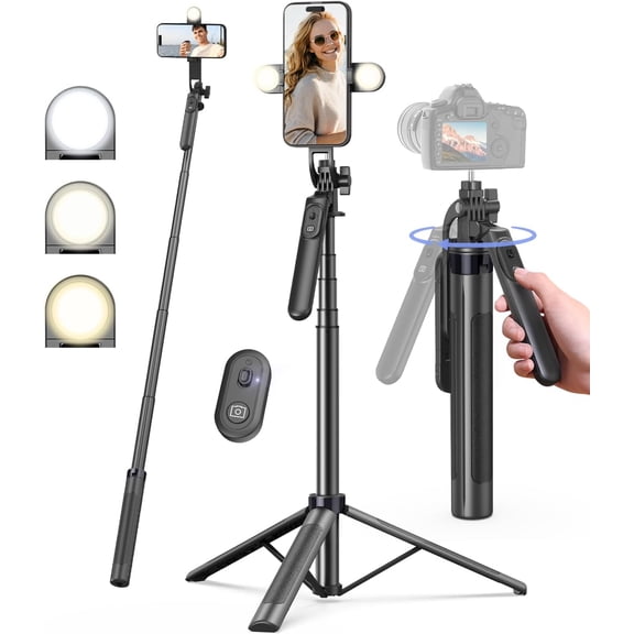 71" Phone Tripod,Tripod for iPhone with Fill Light and Rechargeable Remote,Aluminum Selfie Stick Phone Stand Compatible with Cell Phone/Camera/Ring Light//GoPro