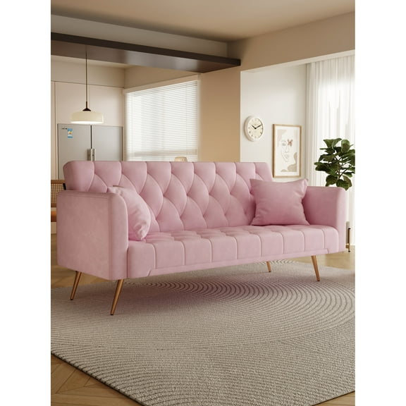 71" Pink Velvet Bed, Multi-functional For Small Offices, Adjustable , Build, Easy To Put Together Bed 71 Inch, Convertible Different Needs, 2 Seats, Setup