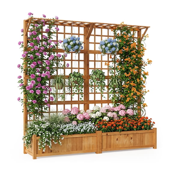 71" Raised Garden Bed with Trellis, Wood Planter Container with Hanging Roof & Garden Boxes, Outdoor Planter Box with Drainage Holes for Climbing Plants Flowers Vine