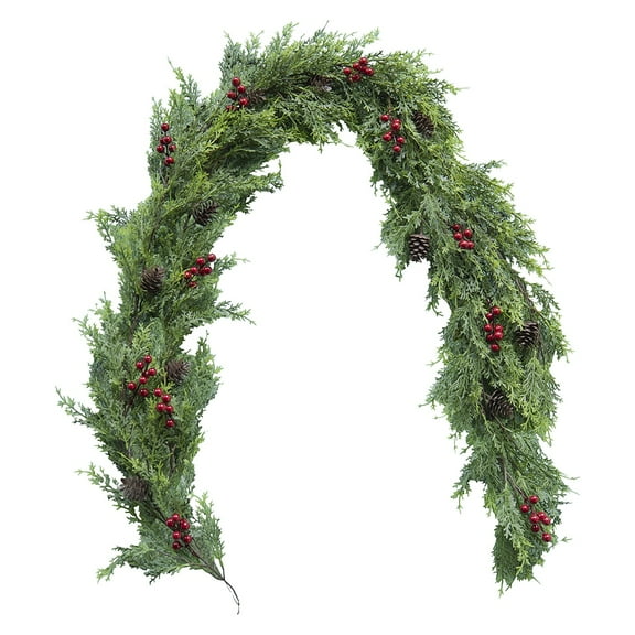 71" Real Touch Artificial Cedar and Eucalyptus Christmas Garland with Red Berries - Flexible Greenery Decor for Mantel, Staircase, Banister, Doorway and Table