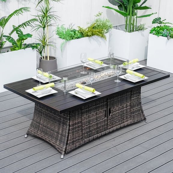 Direct Wicker Fashion 71" x 39.3" Rectangular Propane Fire Pit Table with Wind Guard and Metal Lid(Brown))