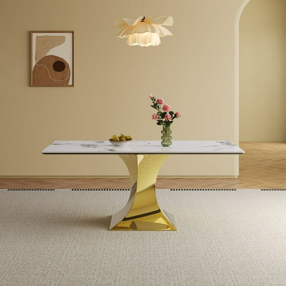 71" Rectangular Dining Table for 6-8, Modern Kitchen & Dining Room Table with Gold-Plated Hourglass Base, Sintered Stone Top & Stainless Steel Legs (White + Gold)