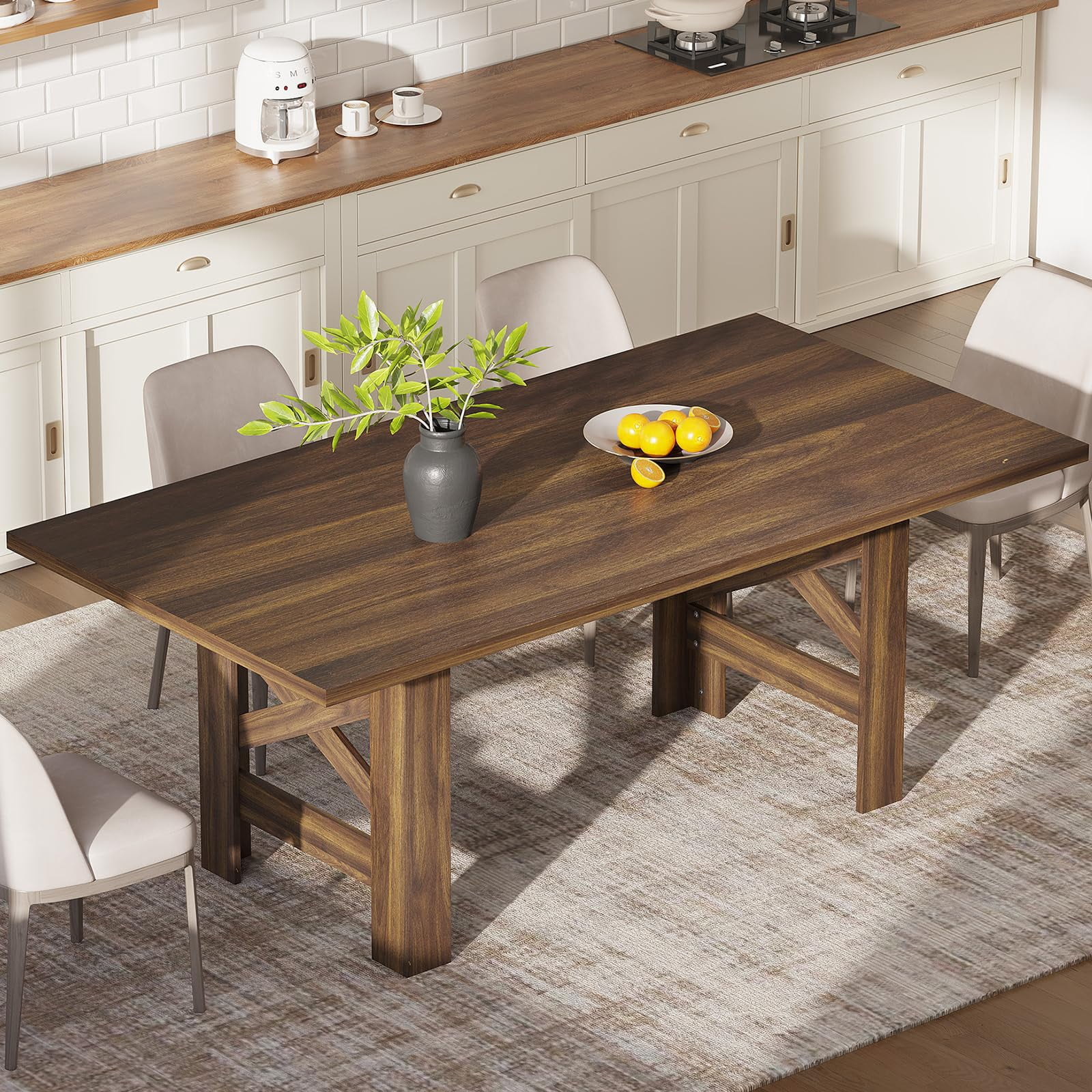 71" Rectangular Farmhouse Dining Table for 6-8 People, Rustic Brown ...