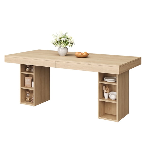 71" Rectangular Wood Dining Table for 4-6 People, Farmhouse Kitchen Table with Storage Cube Pedestal Base, Large Wooden Dining Room Table for Apartment & Home