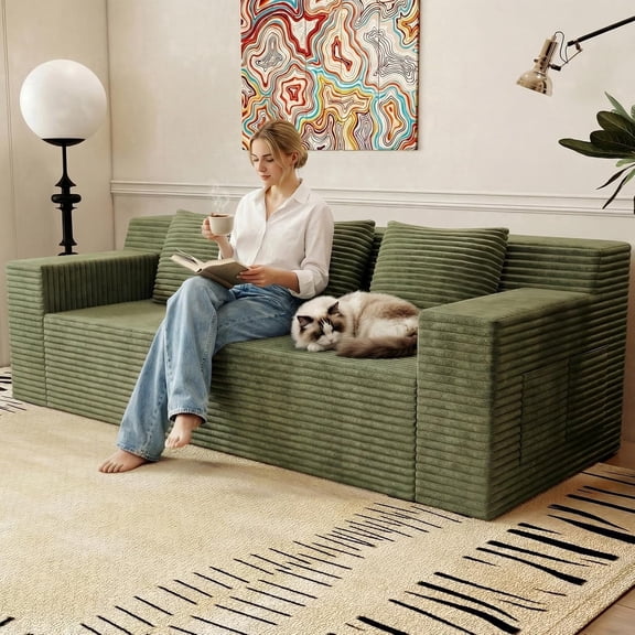 Luckhao 71" Compact Corduroy Cloud Loveseat, Compressed Boneless Sofa in a Box, No Assembly Required, Green