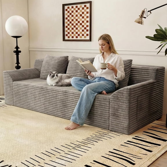 71" Small Couches for Small Spaces, Memory Foam Cloud loveseat Corduroy Couch in a Box, Compressed Boneless Sofa for Living Room Bedroom, Apartment Furniture, No Assembly Required, Camel