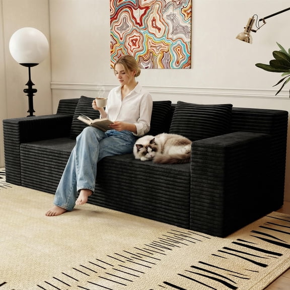 71" Small Couches for Small Spaces, Memory Foam Cloud loveseat Corduroy Couch in a Box, Compressed Boneless Sofa for Living Room Bedroom, Apartment Furniture, No Assembly Required,Black