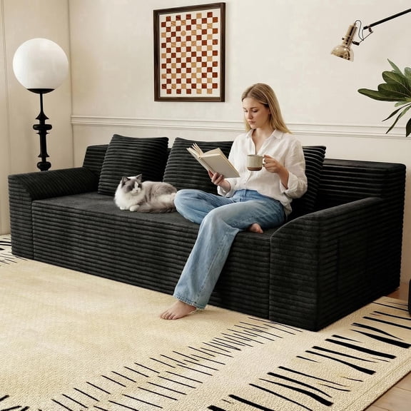 LUCKHAO 71" Memory Foam Loveseat Sofa, Corduroy Upholstered Cloud Couch in a Box, Small Space Boneless Sofa, No Assembly Required, Black