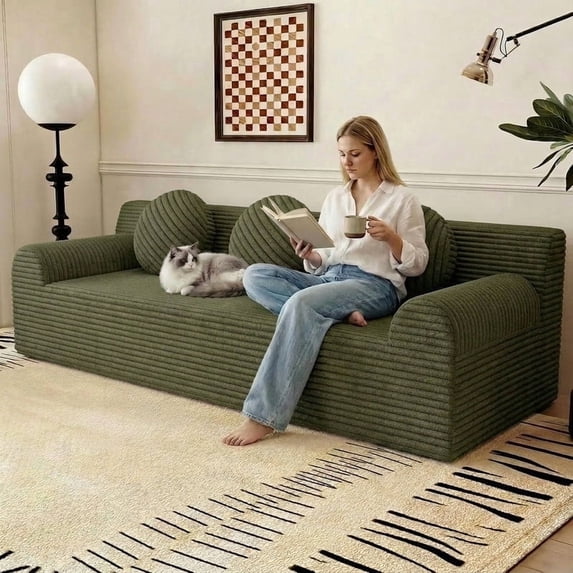 71" Small Couches for Small Spaces, Memory Foam Cloud loveseat Corduroy Couch in a Box, Compressed Boneless Sofa for Living Room Bedroom, Apartment Furniture, No Assembly Required, Green