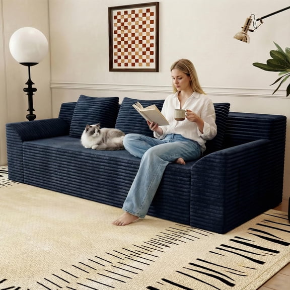71" Small Couches for Small Spaces, Memory Foam Cloud loveseat Corduroy Couch in a Box, Compressed Boneless Sofa for Living Room Bedroom, Apartment Furniture, No Assembly Required, Blue