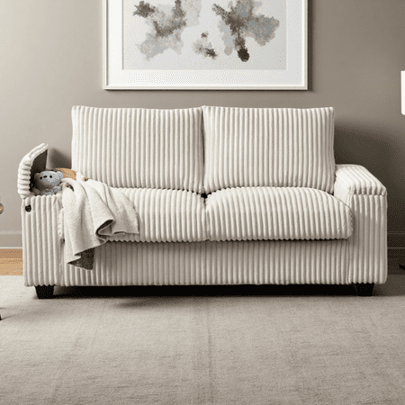 71" Sofa, Plush Corduroy 2-Seater with Storage Armrests & USB Port, Modern Small Space Living Room Couch, Comfortable Medium-Soft, White