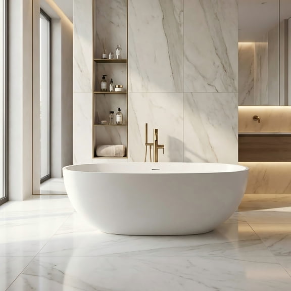 71" Solid Surface Freestanding Bathtub Contemporary Soaking Tub, Matte White Solid Surface (Matte White Overflow/Drain)