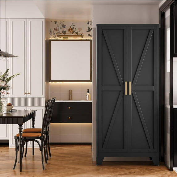71" Storage Cabinet with Doors and Shelves, Tall Freestanding Pantry Cabinet in Black with 2 Doors & 4 Adjustable Shelves, All-Steel Farmhouse Cupboard for Kitchen, Garage, Laundry Room