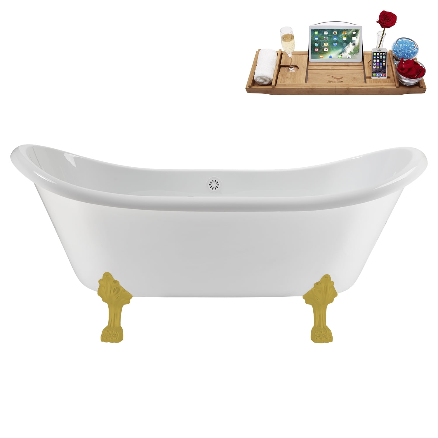 71" Streamline N5100BGLWH Soaking Clawfoot Tub and Tray With External