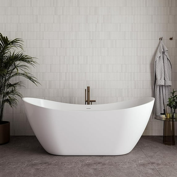 71" Streamline NDR-292-15-WH Soaking Glossy White Freestanding Tub With Internal Drain in Glossy White