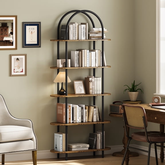 71" Tall 5-Tier Arched Bookshelf, Metal Frame Open Storage Rack with Anti-Tipping Straps & Adjustable Feet, Freestanding Display Shelf for Bedroom Living Room Office, Black