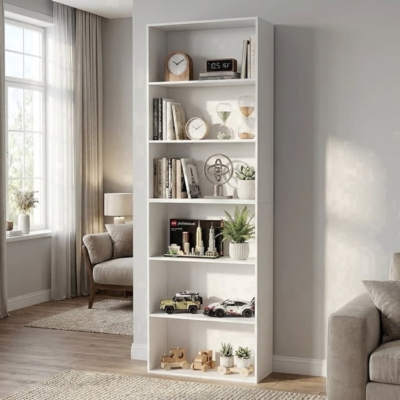 Exnote 71" Tall 6-Tier Bookshelf, Large Open Storage Bookcase, Freestanding Display Shelf for Living Room, Bedroom or Home Office, White