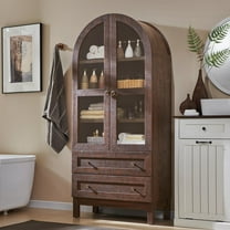 71" Tall Arched Bathroom Storage Cabinet, 4-Tier cabinet w/2 Large Drawers &Adjustable Shelves, Wooden bathroom Floor cabinets w/Glass Doors, Modern Farmhouse Versatile Cabinets for bathroom, Brown