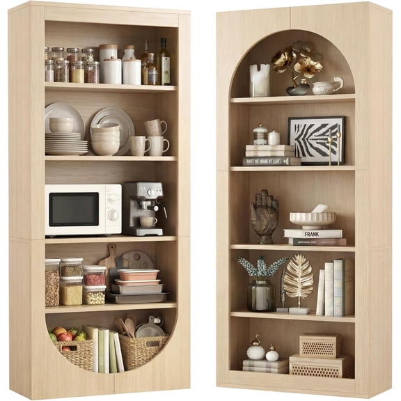 71" Tall Arched Bookcase, 5 Tiers Farmhouse Bookshelf with Storage, Floor Standing Bookcase for Living Room, Home Office, Light