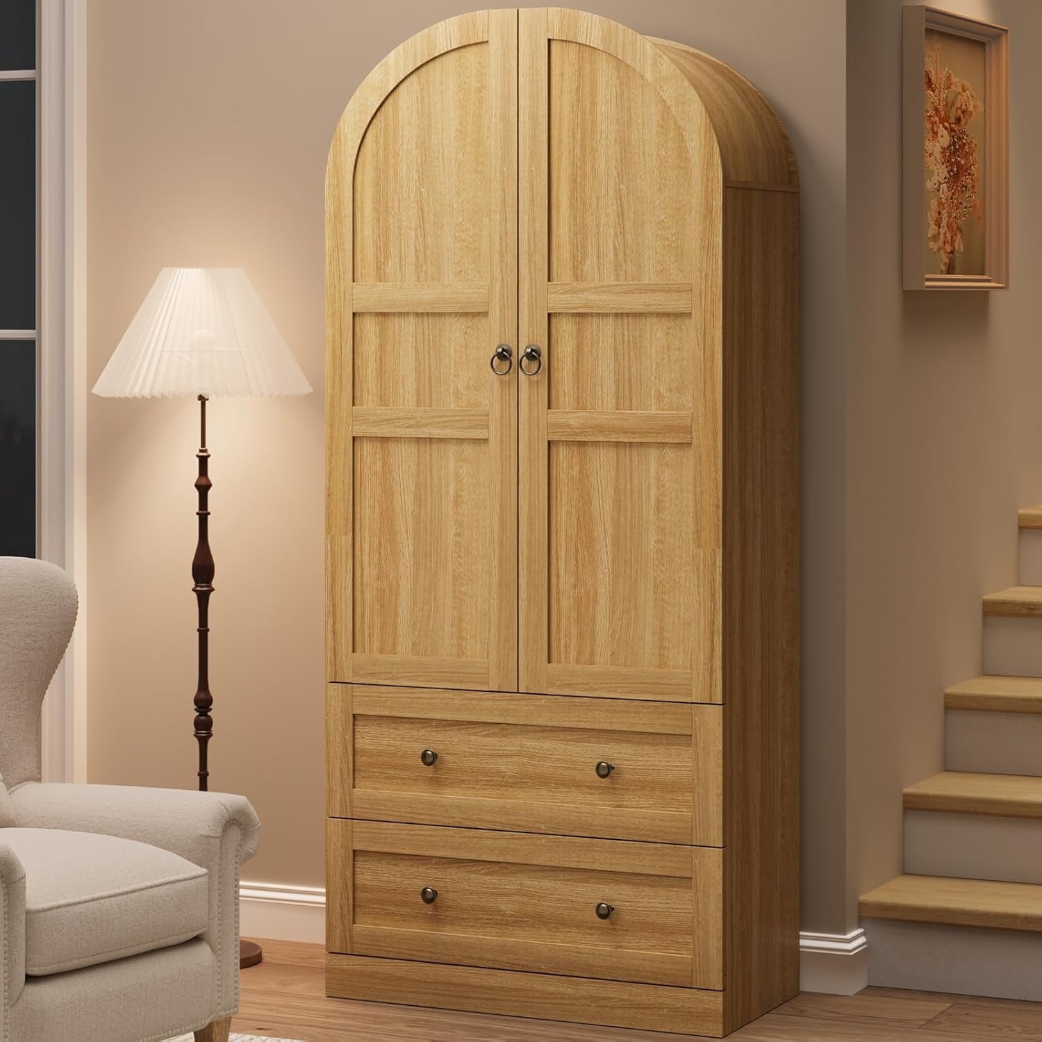 71" Tall Arched Bookcase Cabinet, Wood Arched Bookshelf with Doors & Drawers, Large Arch Display Bookcase Cabinet with Storage, Farmhouse Storage Cabinet for Office Living Room