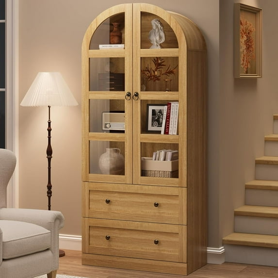 71" Tall Arched Bookcase Cabinet, Wood Arched Bookshelf with Doors & Drawers, Large Arch Display Bookcase Cabinet with Storage, Farmhouse Storage Cabinet for Office Living Room