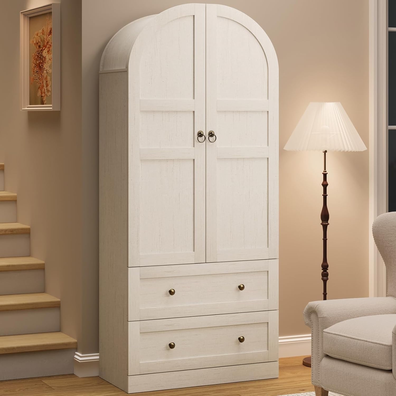 71" Tall Arched Bookcase Cabinet, Wood Arched Bookshelf with Doors & Drawers, Large Arch Display Bookcase Cabinet with Storage, Farmhouse Storage Cabinet for Office Living Room