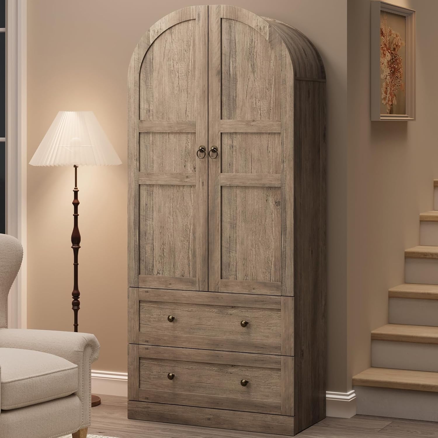 71" Tall Arched Bookcase Cabinet, Wood Arched Bookshelf with Doors & Drawers, Large Arch Display Bookcase Cabinet with Storage, Farmhouse Storage Cabinet for Office Living Room