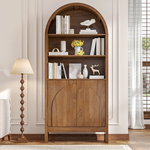 71" Tall Arched Bookcase with Storage, Mid-Century Modern 5-Tier Bookshelf with 2 Doors, Display Storage Cabinet for Living Room, Home Office, Walnut
