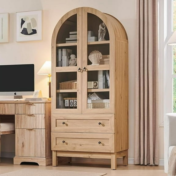 71" Tall Arched Bookshelf, 4-Tier Bookcase with Glass Doors and Shelves, Wooden Display Cabinet w/2 Large Storage Drawers