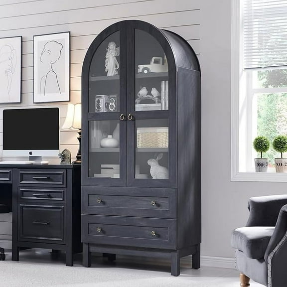 71" Tall Arched Bookshelf, 4-Tier Bookcase with Glass Doors and Shelves, Wooden Display Cabinet w/2 Large Storage Drawers