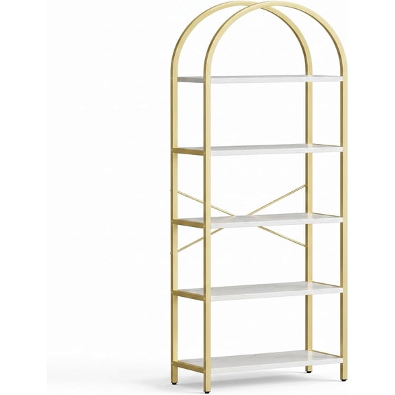 71" Tall Arched Bookshelf, 5-Tier Modern Bookcase with Gold Metal Frame, White & Gold Etagere Display Shelf for Living Room, Bedroom, Home Office