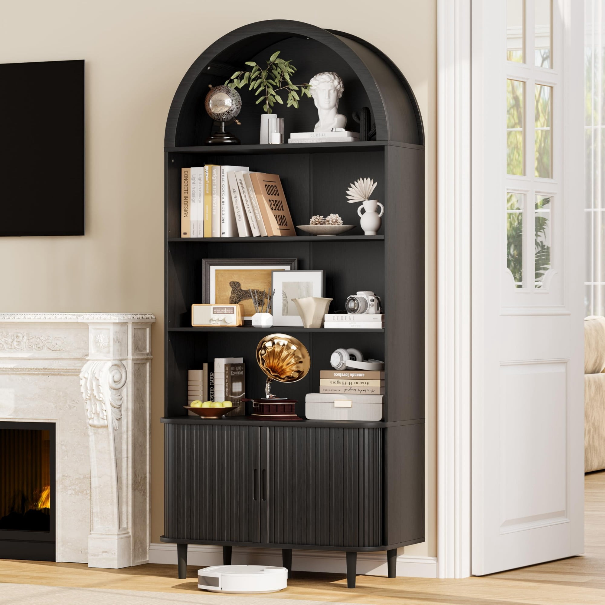 71" Tall Arched Bookshelf, 5 Tier Modern Farmhouse Bookcase with Sliding Doors & Adjustable Shelves, Wood Display Cabinet, Black