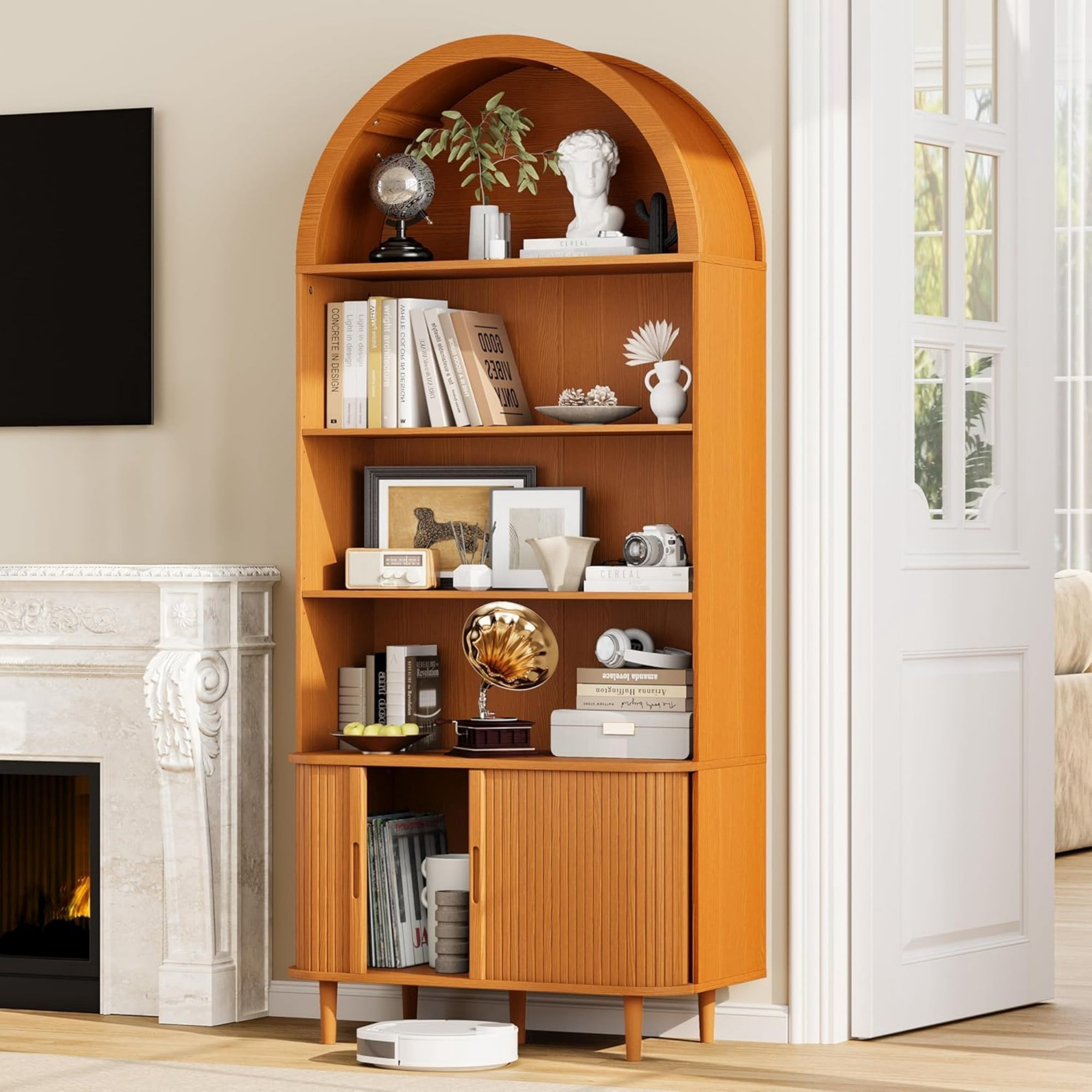 71" Tall Arched Bookshelf, 5 Tier Modern Farmhouse Bookcase with Sliding Doors & Adjustable Shelves, Wood Display Cabinet, Yellow